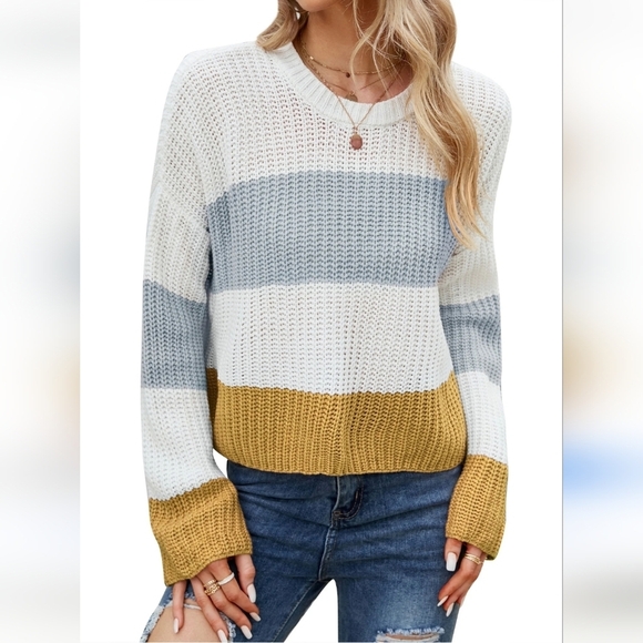Sincerely Jules Colorblock Sweater - White, Blue, Mustard Size Large - Picture 1 of 7